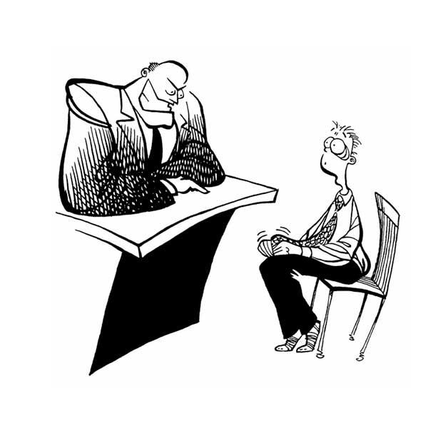 Cartoom drawing of man in business suit looking intimidating in front of a guy sitting in the a char across from him looking nervous